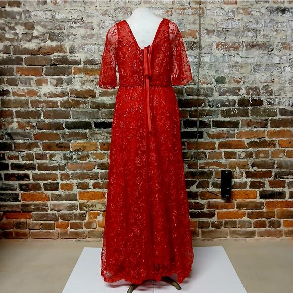 Womens Mother of the Bride Red Lace Evening Dress Medium Beaded Formal Gown - Picture 3 of 12